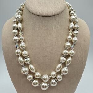 Japan Faux Pearl Double Strand Necklace Rhinestone Rondelle AB Bridal Wedding